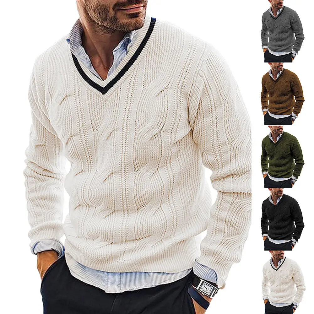 V-Neck Sweater Men's Fashion Slim Long Sleeve Knitted Shirt