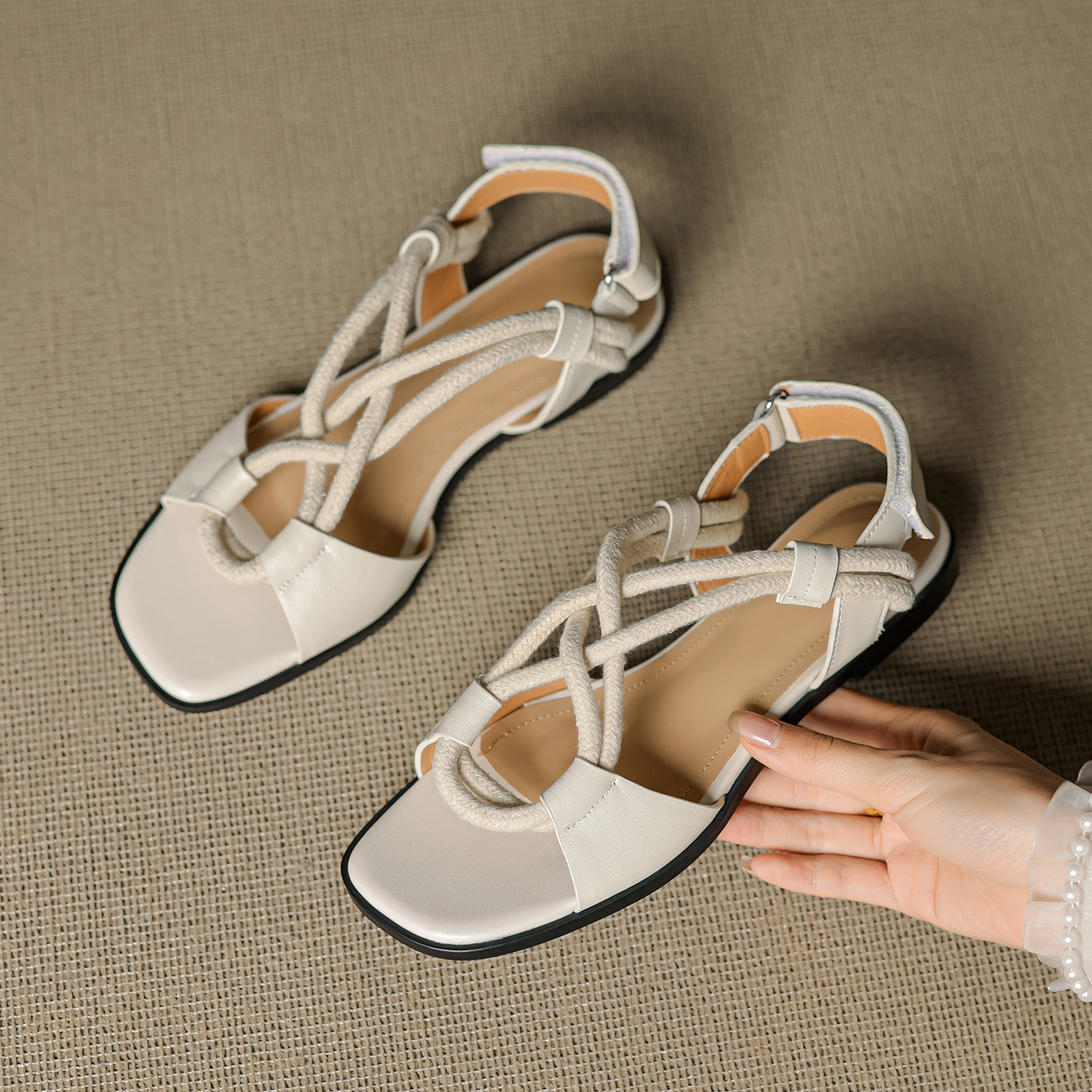 Leather Cross-Strap Flat Sandals, picture 3 of 3
