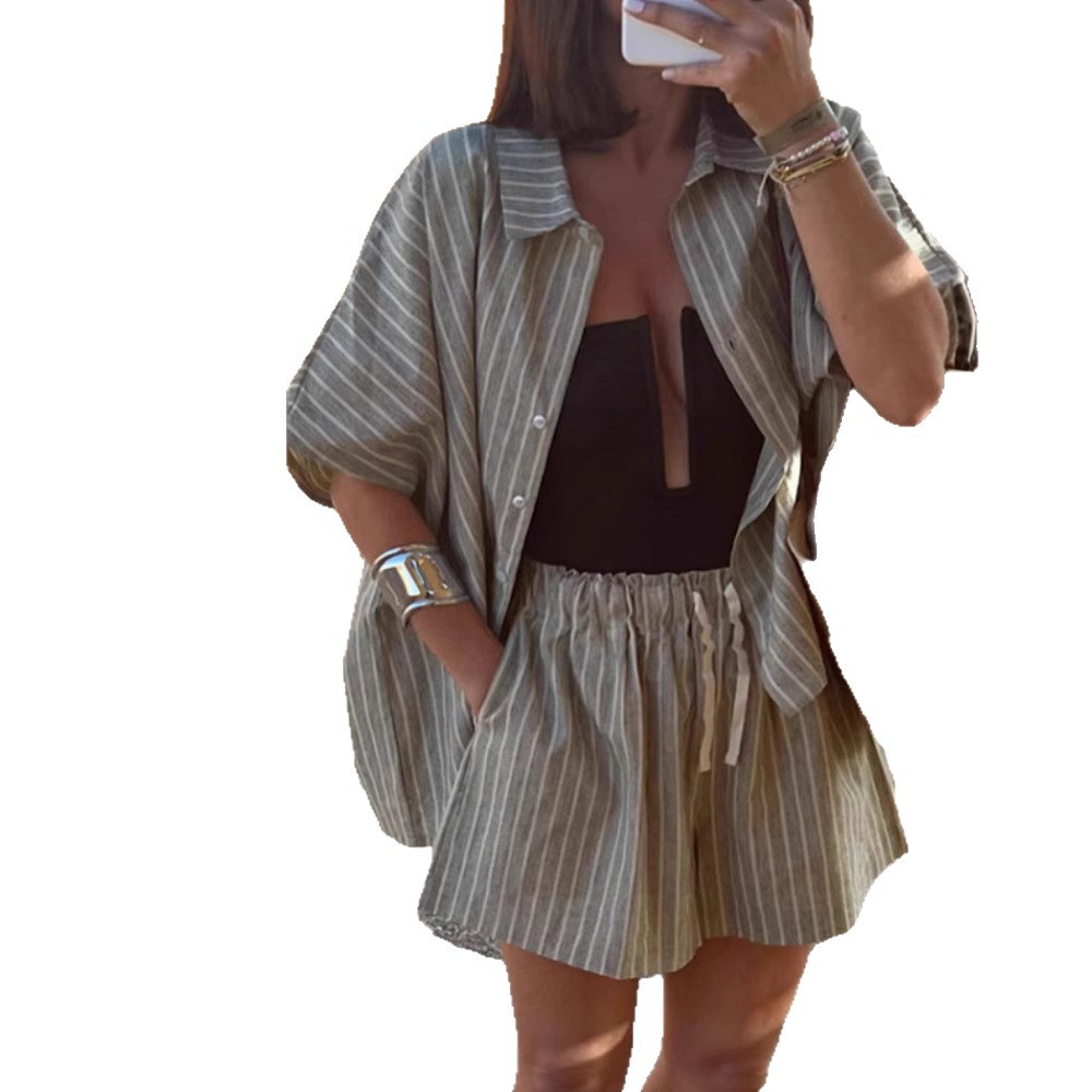 Striped Shirt Pocket Shorts Loose Leisure Suit Women