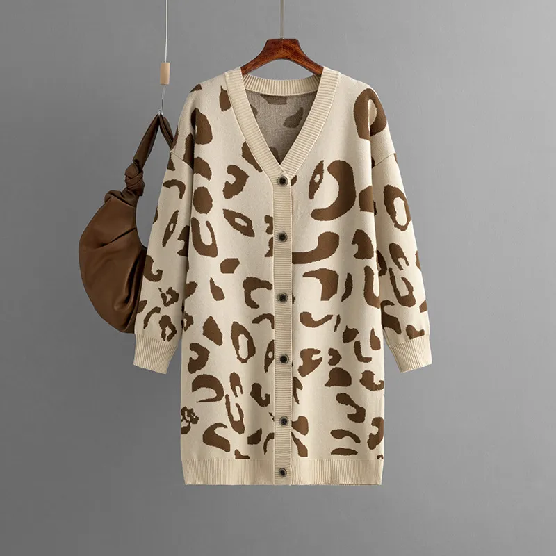Women's Sweater Mid-length Leopard-print Sweater Cardigan - Apricot