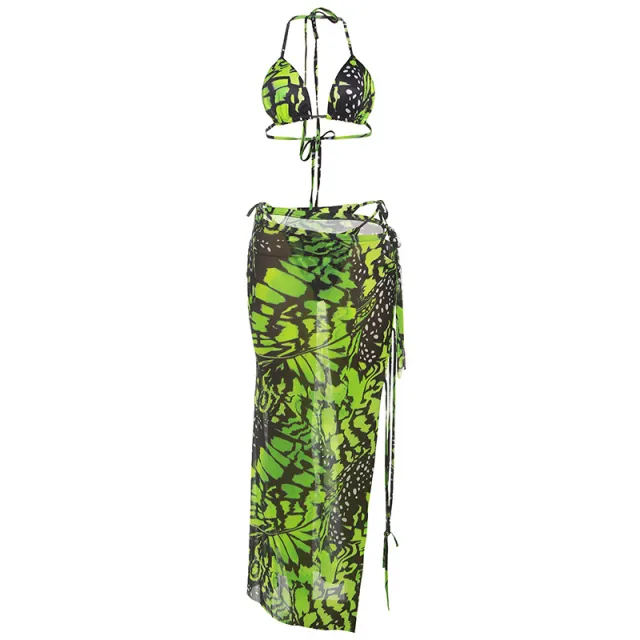Fashion Printed Long Skirt Bikini Three piece Suit Green - Shop at LoveMi