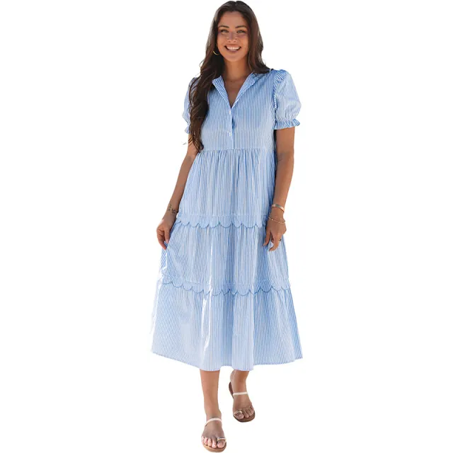 Striped Color Puff Sleeve Dress Blue - Shop at LoveMi