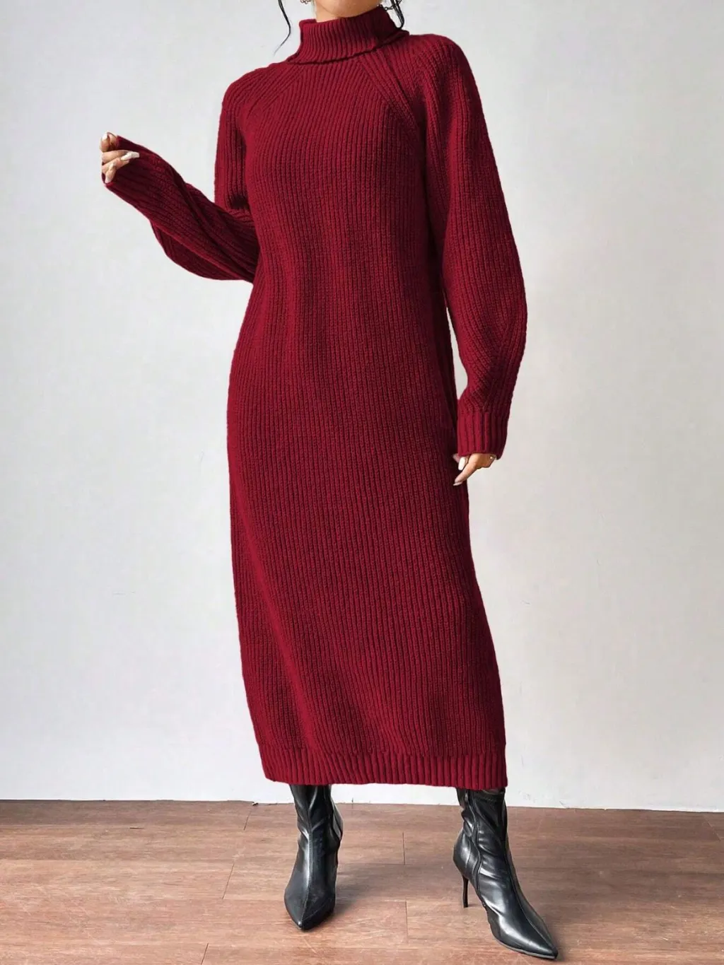 Fashion Pullover High Collar Long Sleeve Knitted Dress Solid Color Long Interior - Wine Red