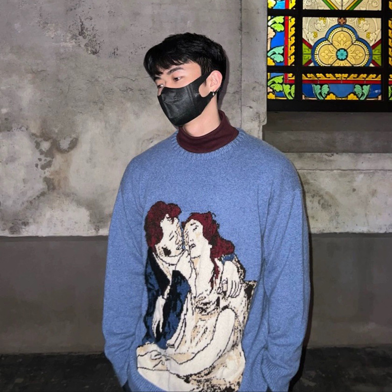 Lovers' Blue Graffiti Printing Knitted Velvet Sweater