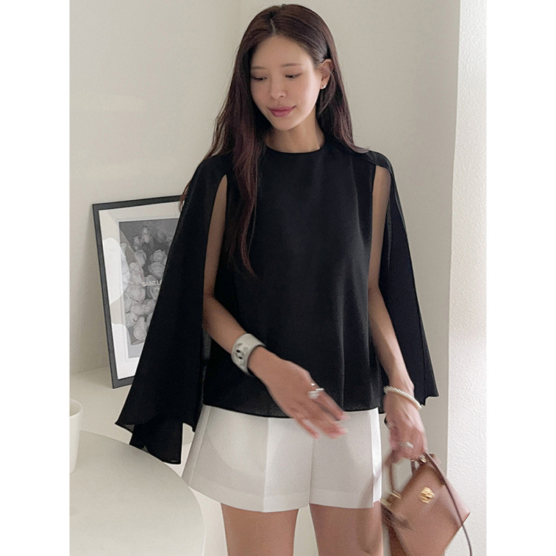 Wind-style Sleeveless Shirt Slim-fit Solid-color Top