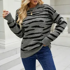 Autumn And Winter New Striped Sweater Pullover Tiger Pattern Colour Matching Sweater For Women - Dark Grey - View 1