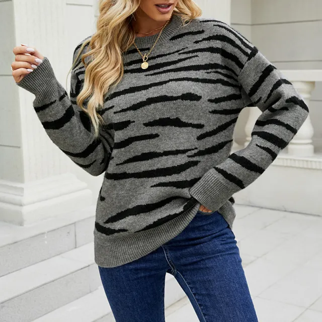 Autumn And Winter New Striped Sweater Pullover Tiger Pattern Color Matching Sweater For Women Dark Gray - Shop at LoveMi