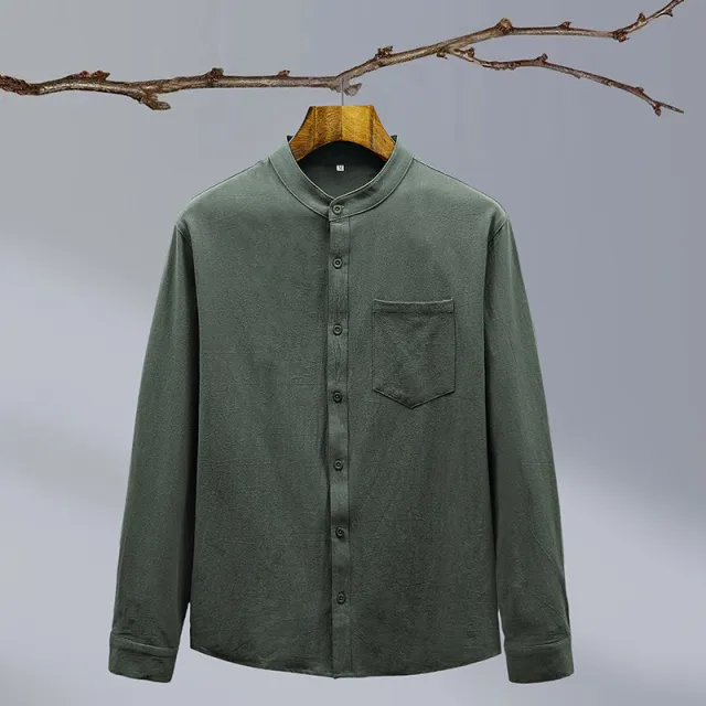 Cotton And Linen Solid Color National Style Men's Shirt Dark Green - Shop at LoveMi