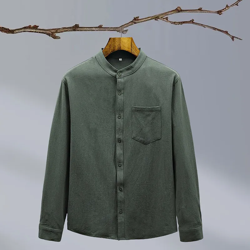 Cotton And Linen Solid Color National Style Men's Shirt - Dark Green