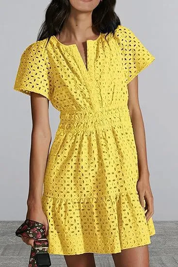 Female V-neck Hollow Lace Pleated Short Sleeves Dress - Yellow