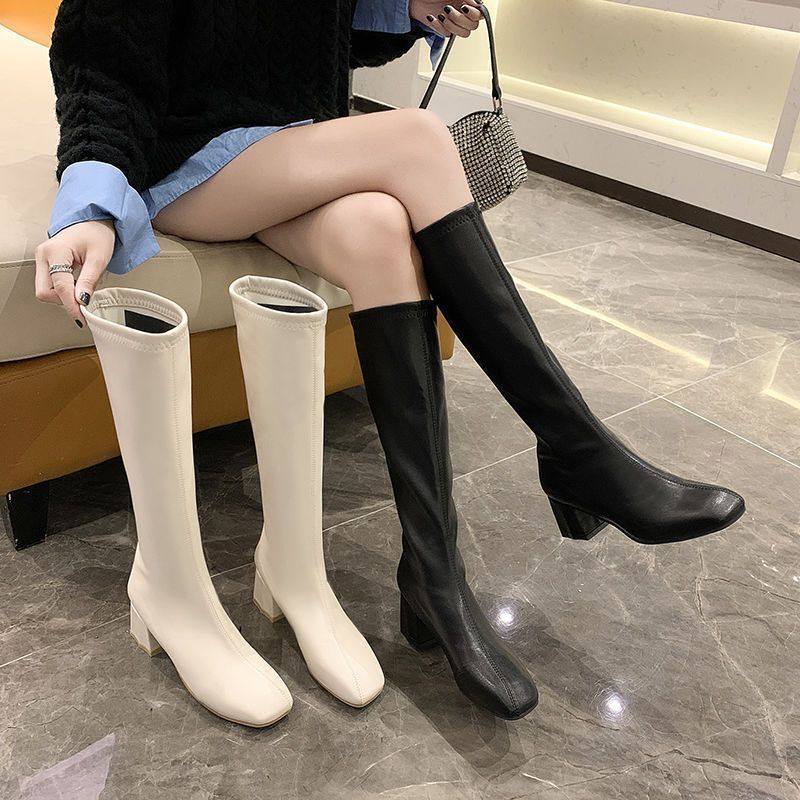 Womens Solid-color Square-toe Thigh-high Boots