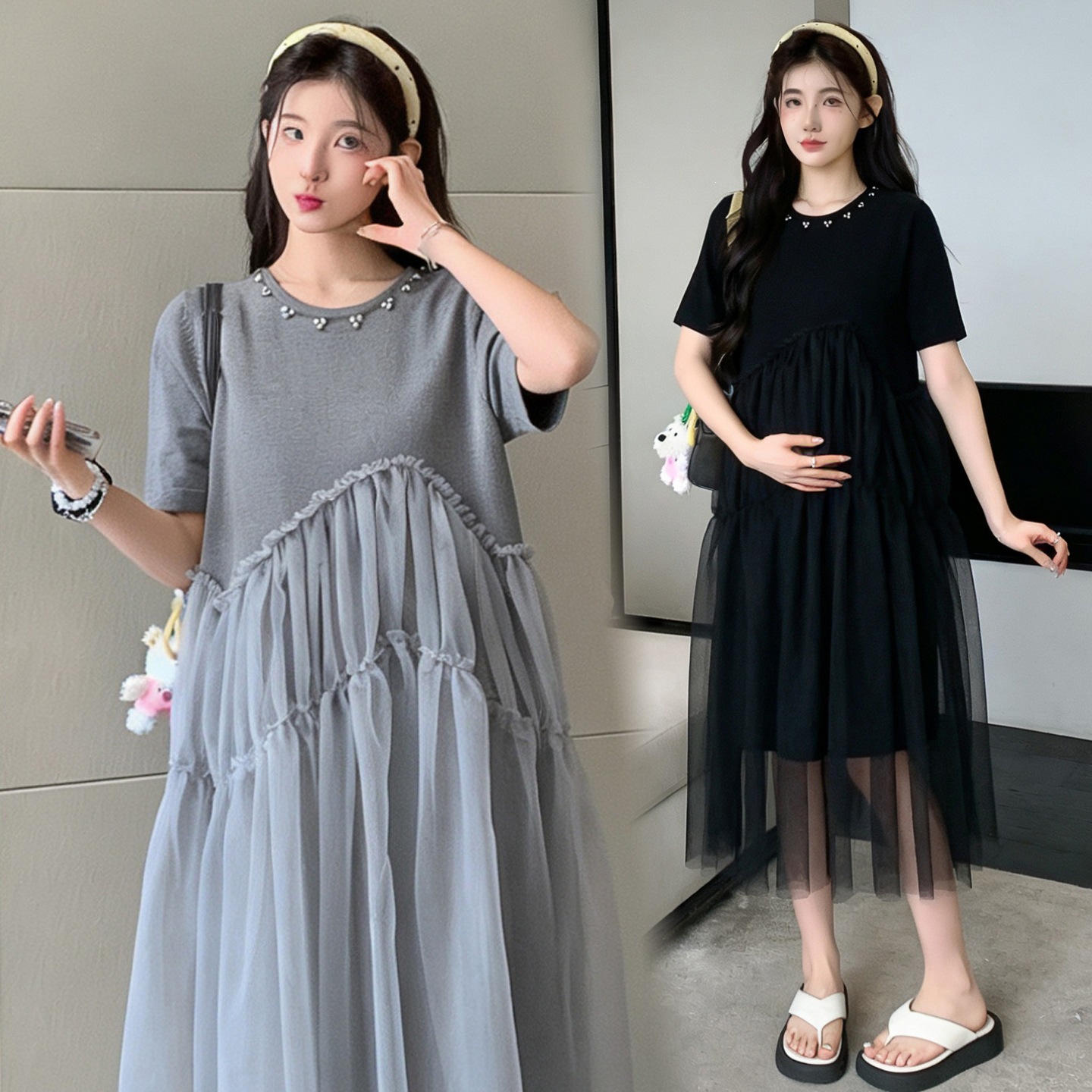 Womens Fashion Beaded Knitted Mesh Dress