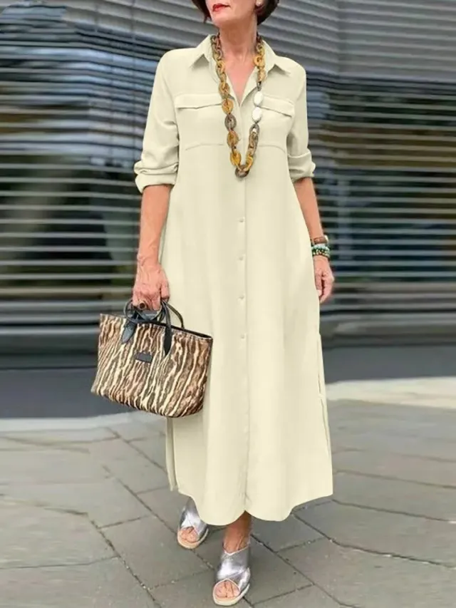 Elegant Solid Color Long Sleeve Button Lapel Dress Beige - Shop at LoveMi