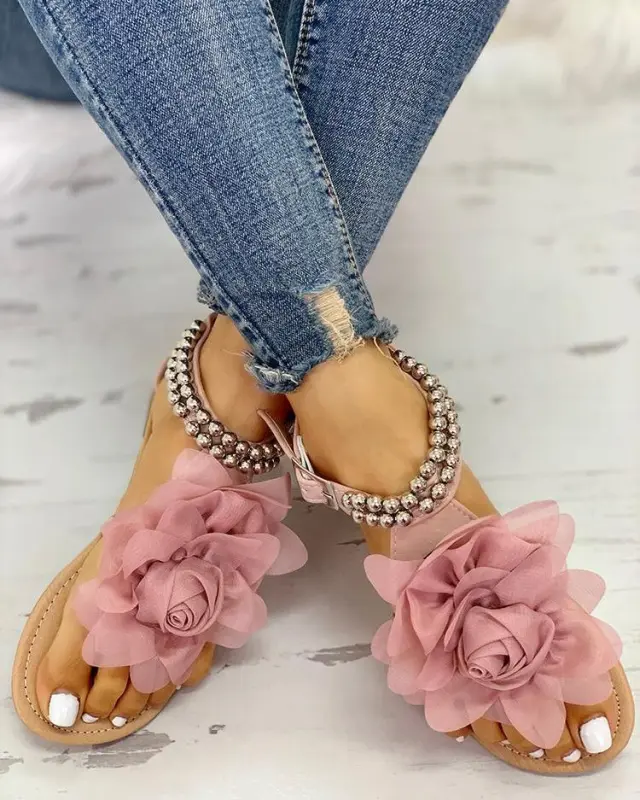 Large Size Flat Bottom Flower Sandals Bohemian Women's Beaded Fashion Comfortable Sandals Pink - Shop at LoveMi