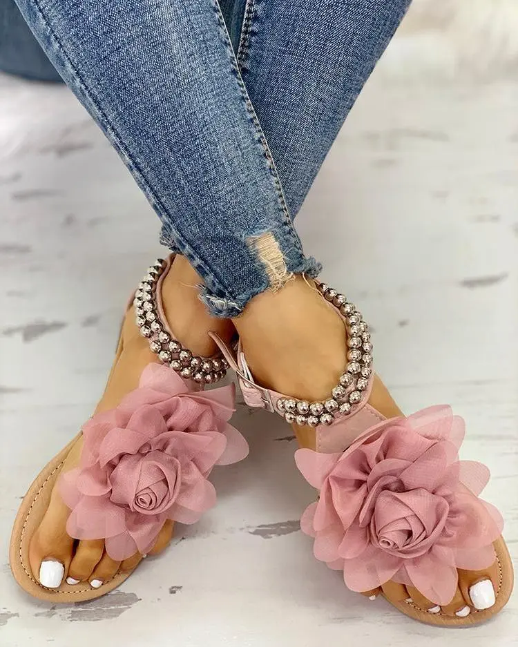 Large Size Flat Bottom Flower Sandals Bohemian Women's Beaded Fashion Comfortable Sandals - Pink