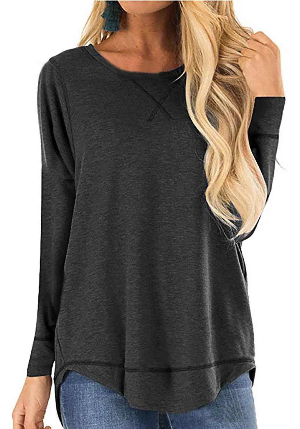 Women's Round Neck Long-sleeve T-shirt Solid Colour Loose Top - Black
