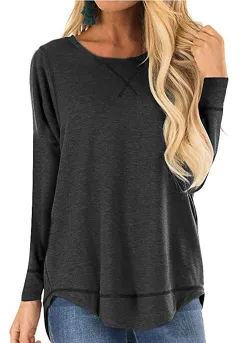 Women's Round Neck Long-sleeve T-shirt Solid Colour Loose Top - Black - View 1