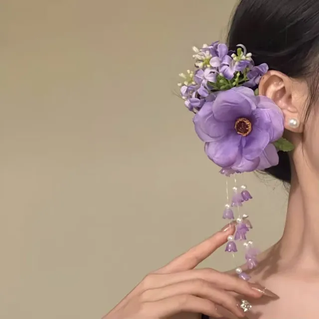 Super Fairy Pure Desire Yellow Atmosphere Pearl Linglan Tassel Side Clip Hair Accessories Purple - Shop at LoveMi