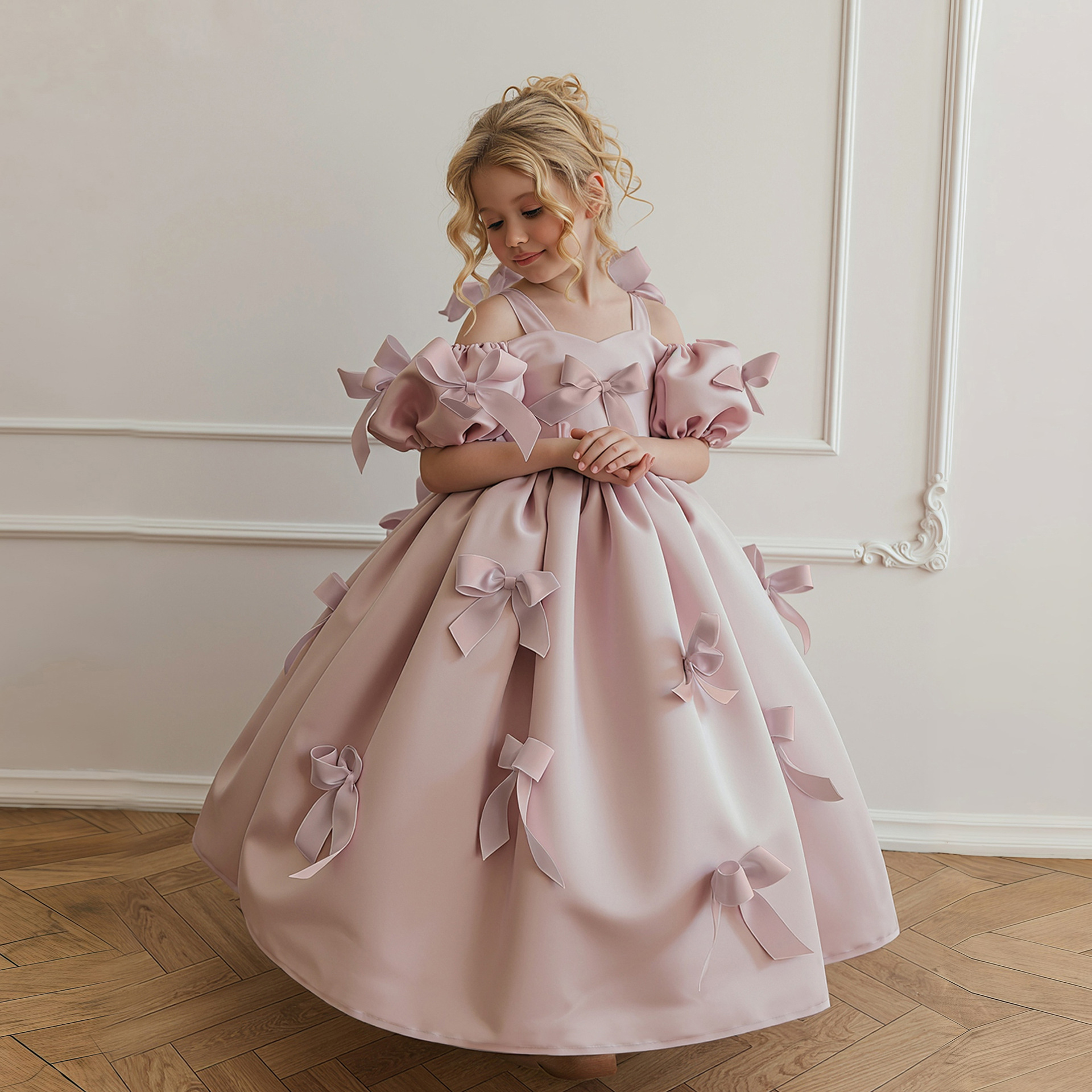 Girls Bubble Sleeve Princess Dress Long Evening Gown
