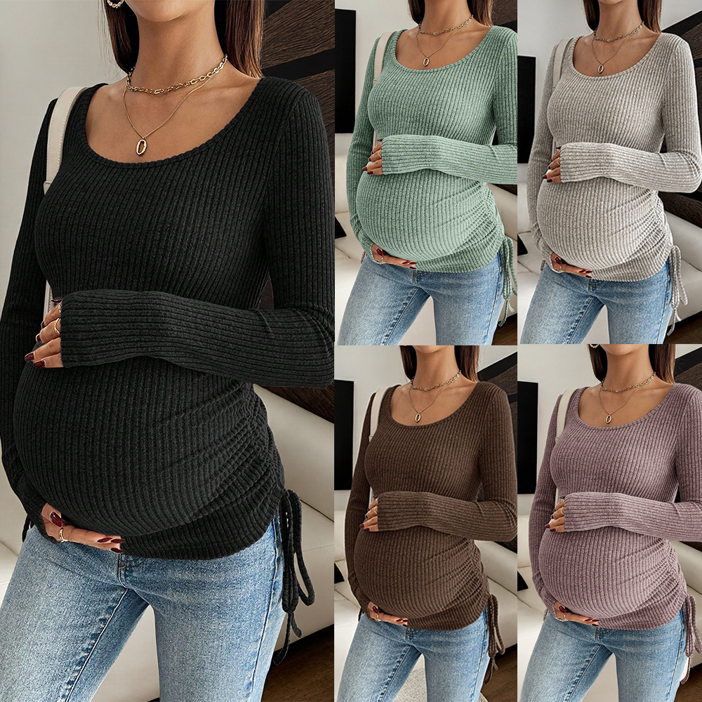 Women's Solid-color U-neck Ribbed Long-sleeve Maternity Top