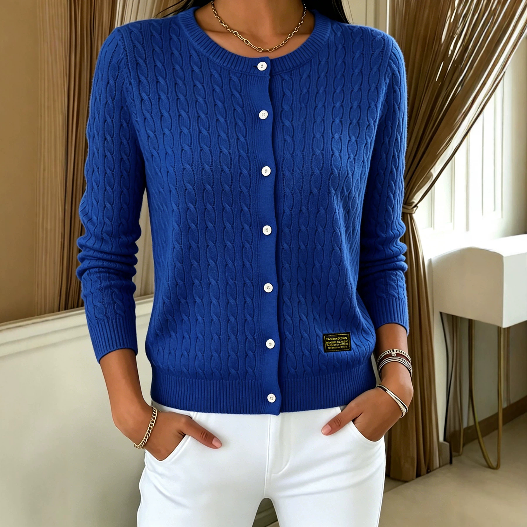 Women's Knitted Contrast-color Lapel Long-sleeved Sweater With Buttons