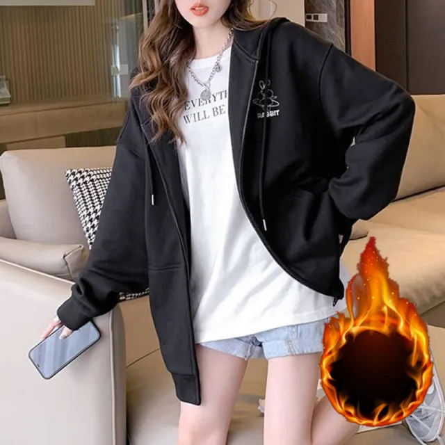 Embroidered Hooded Sweater Girls' Cardigan Jacket Velvet Black - Shop at LoveMi