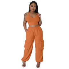 Sleeveless Vest Pocket Wide Leg Pants Casual Women's Two-piece Suit - Orange - View 1