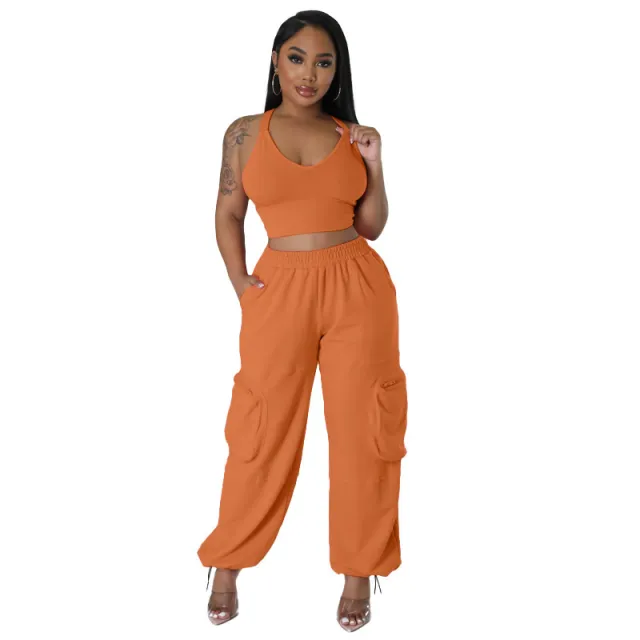 Sleeveless Vest Pocket Wide Leg Pants Casual Women's Two piece Suit Orange - Shop at LoveMi