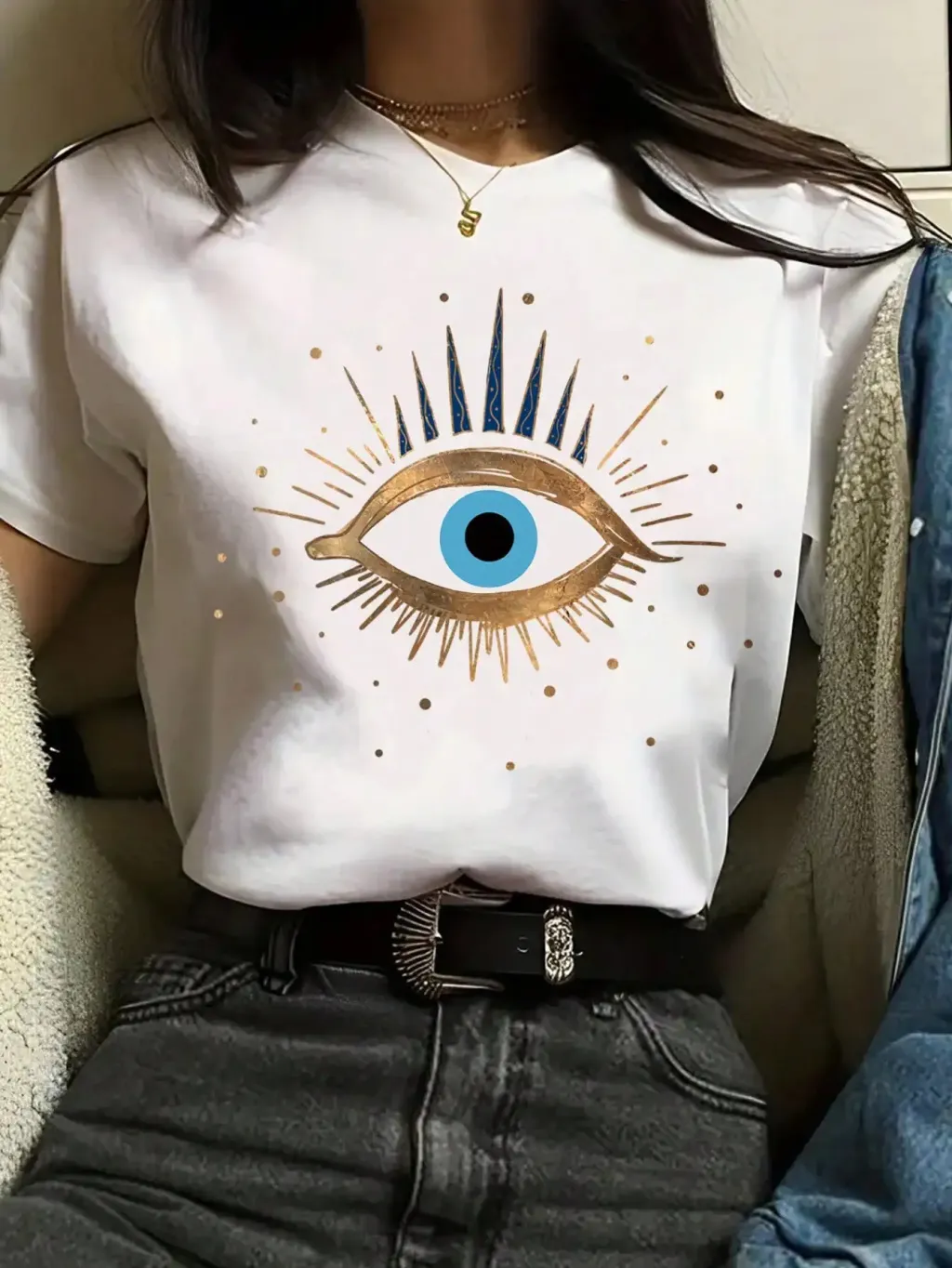 T-shirt Printing Casual Cute Eye Printing Short Sleeve - White Eyes