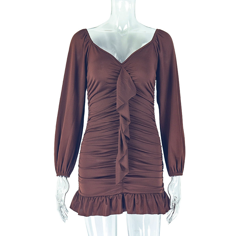 U neck Backless Long Sleeve Short Dress Dark Brown - Shop at LoveMi