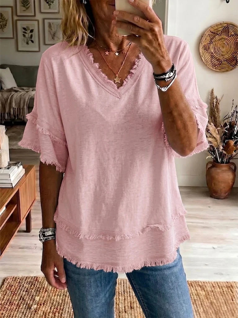 Women's V-Neck Pullover Short-Sleeve Loose Shirt 8