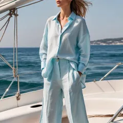 Summer New High-grade Casual Long-sleeved Shirt High Waist Cropped Pants Fashion Suit - Blue - View 1