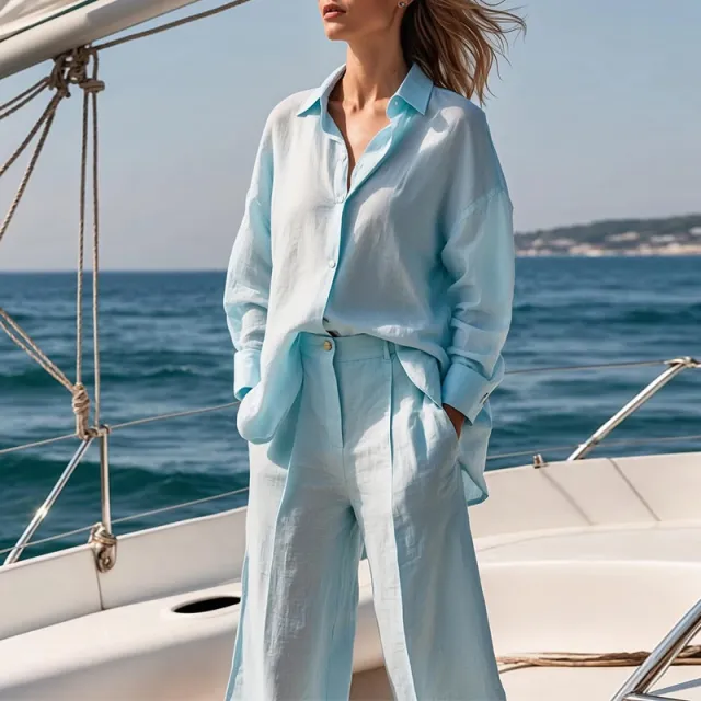 Summer New High grade Casual Long sleeved Shirt High Waist Cropped Pants Fashion Suit Blue - Shop at LoveMi