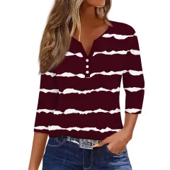 Women's T-shirt V-neck Three-button Printed Short-sleeved Top - 3Color-L - View 1