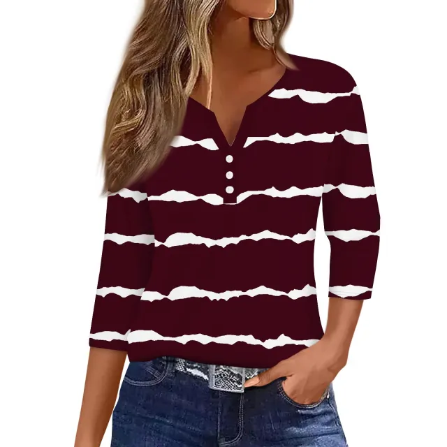 Women's T shirt V neck Three button Printed Short sleeved Top 3Color L - Shop at LoveMi