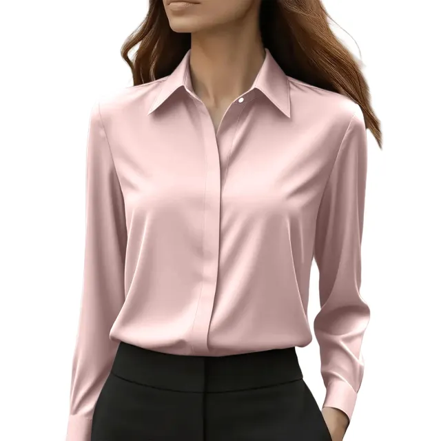 Solid Color Long Sleeve Lapel Satin Blouse Pink - Shop at LoveMi