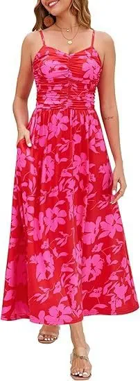 Elegant Pleated Floral Pocket Dress For Women Rose Color - Shop at LoveMi