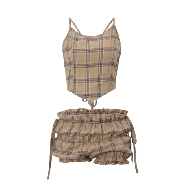 Retro Style Backless Sling Top Pleated American Shorts Suit Khaki Suit - Shop at LoveMi