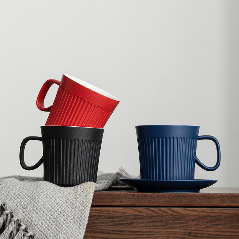 Japanese Green Vertical Grain Coffee Ceramic Mug With Bottom Plate