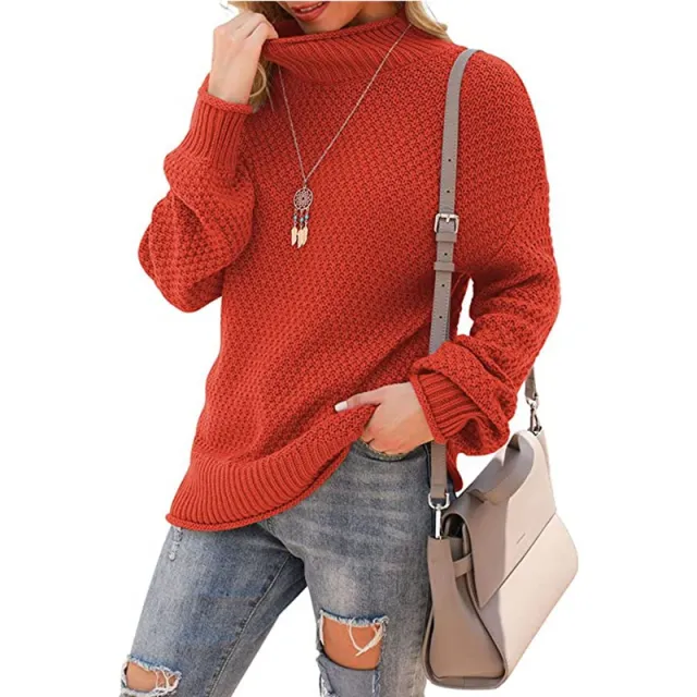 Half Turtleneck Plus Size Batwing Long Sleeve Pullover Loose Sweater Orange Red - Shop at LoveMi