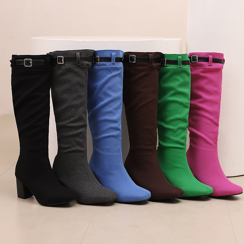 Chunky-heeled Over-the-knee Boots With Color-block Leather Belt Buckle