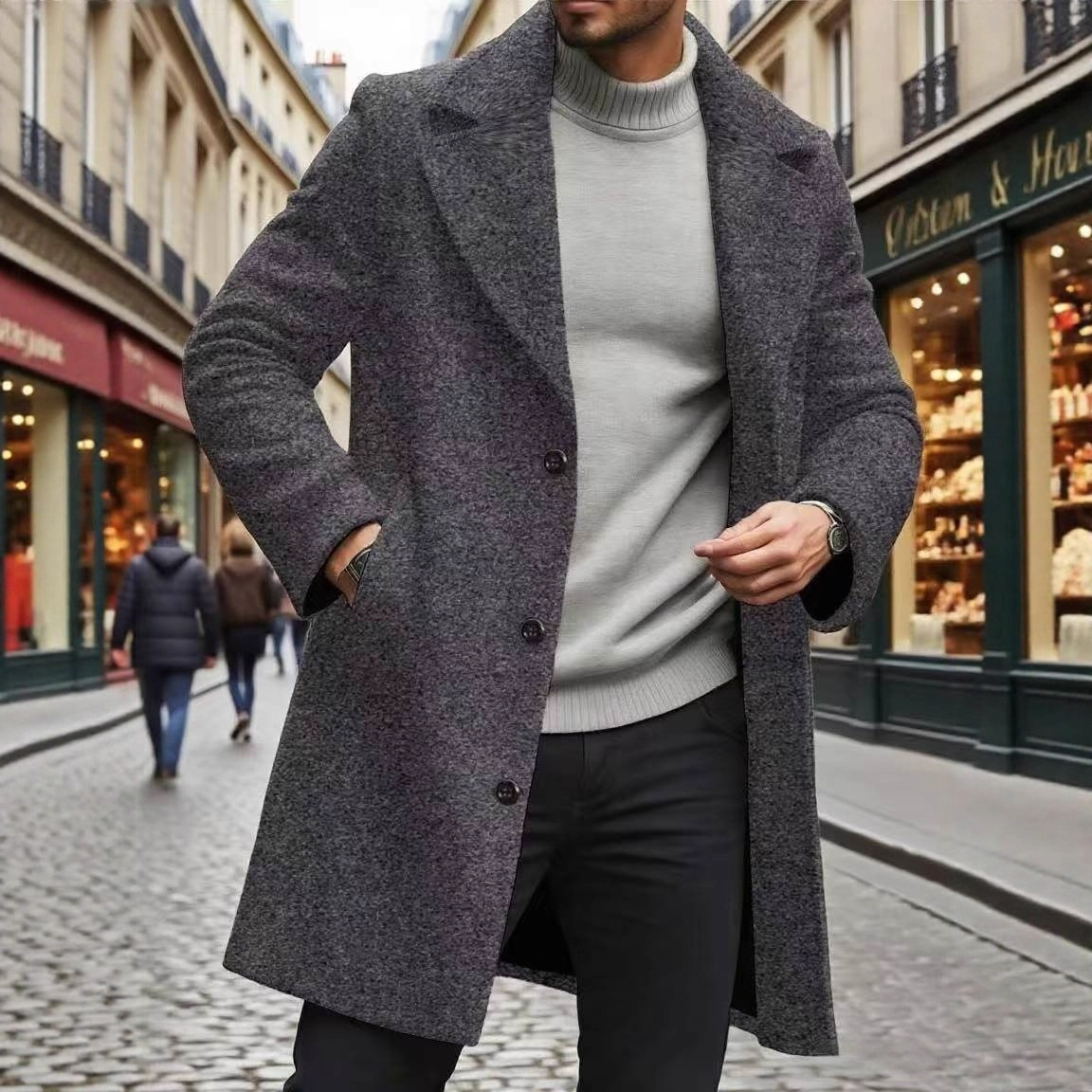 Trench Coat Notched Lapel Slim-fit Overcoat Elegant And Sophisticated Solid-color Trench