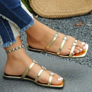 Women's Rhinestones Strap Square Toe Flat Bottom Sandals - Gold