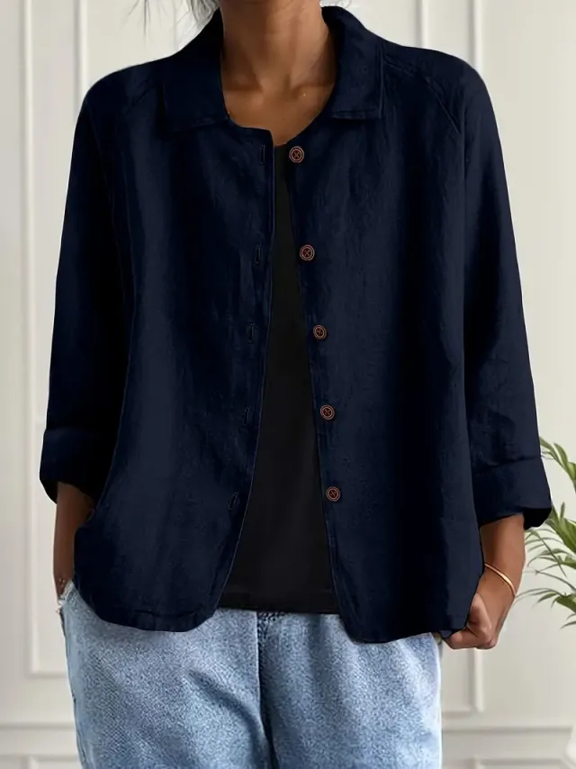 European And American Cotton And Linen Shirt Women's Casual Slimming Cardigan Coat Dark Blue - Shop at LoveMi
