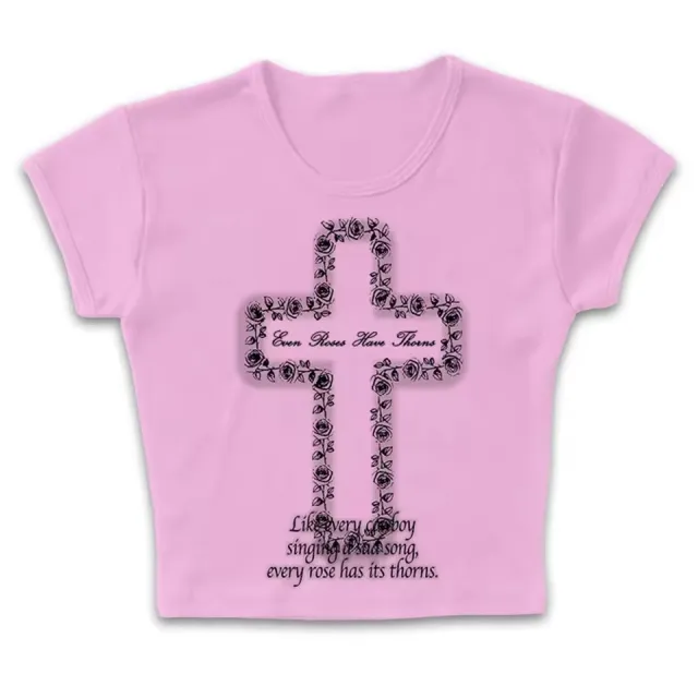 Cross printed Color block Crew neck T shirt With Short Sleeves Pink - Shop at LoveMi
