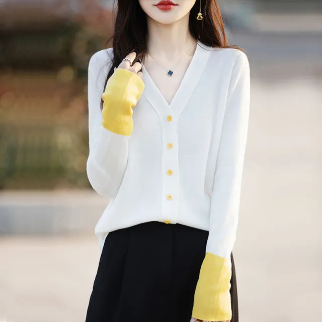 V neck Color Stitching Knitted Cardigan Coat Loose Thin Slimming Women's Sweater White - Shop at LoveMi
