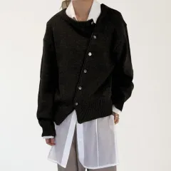 Diagonal Buckle Lazy Sweater Cardigan Round Neck Women's Knitted Coat - Black - View 1