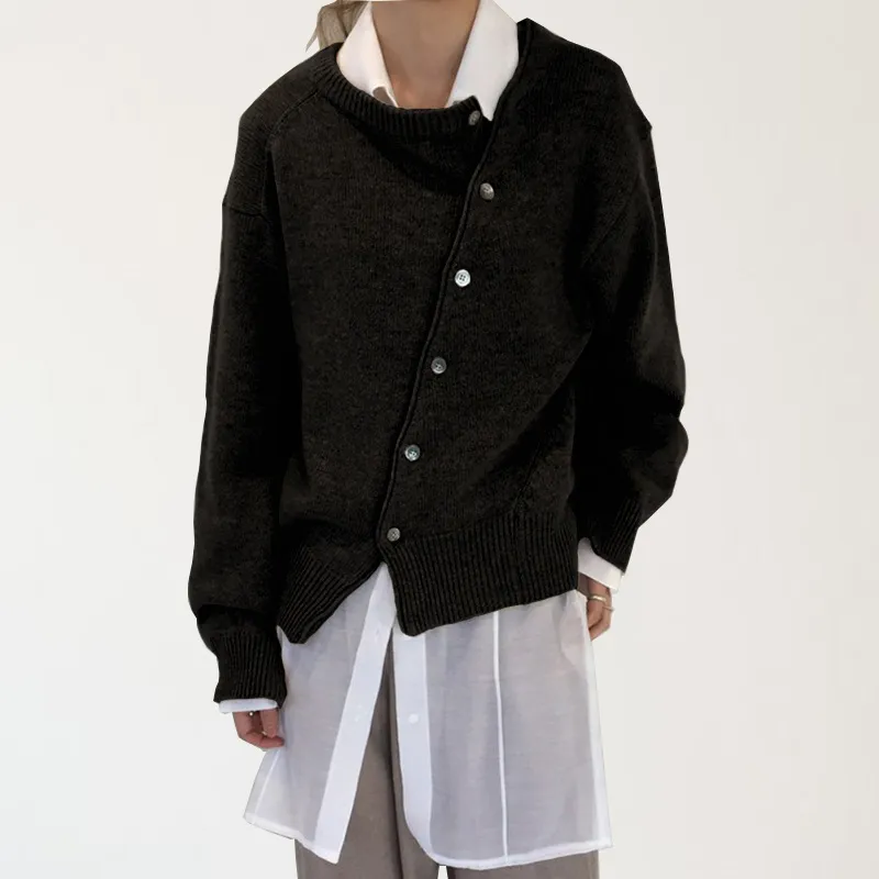 Diagonal Buckle Lazy Sweater Cardigan Round Neck Women's Knitted Coat - Black