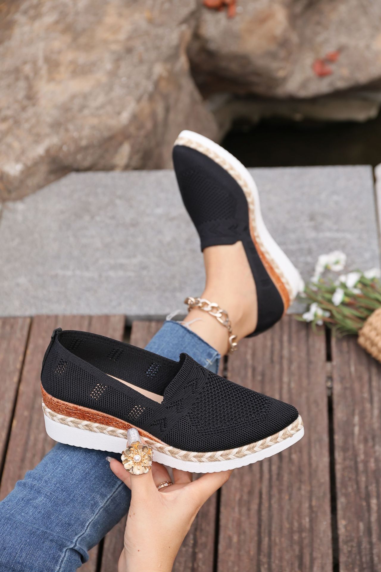 Women’s Woven Rope Platform Snakeskin Pointed-Toe Flats