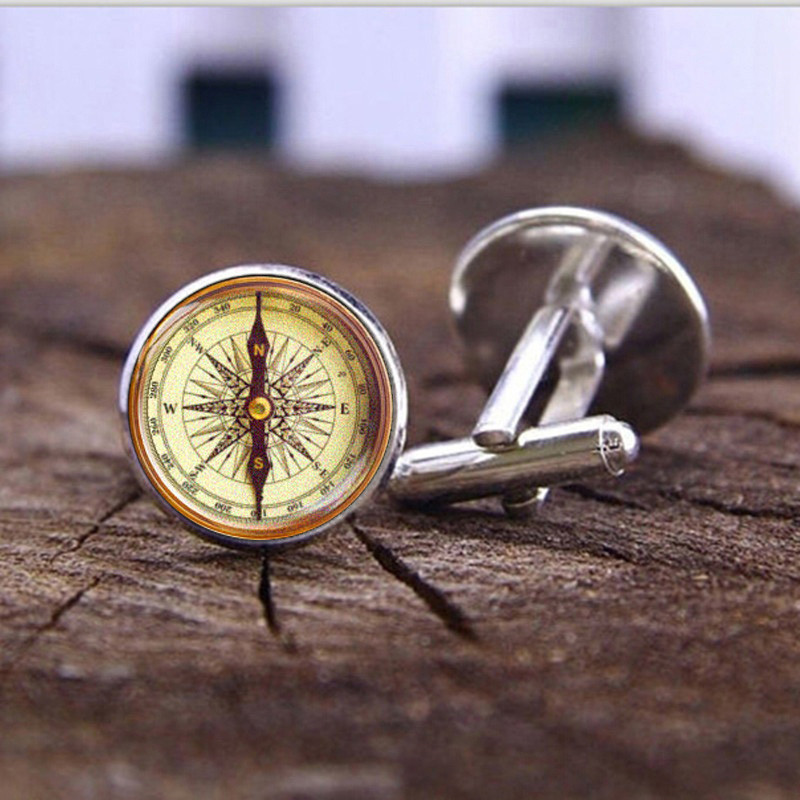 Vintage Compass Time Stone Men's Suit Cufflinks (Silver)